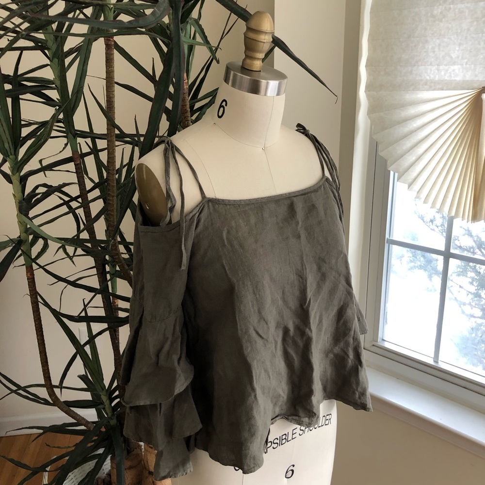 Zara linen off the shoulder ruffle top